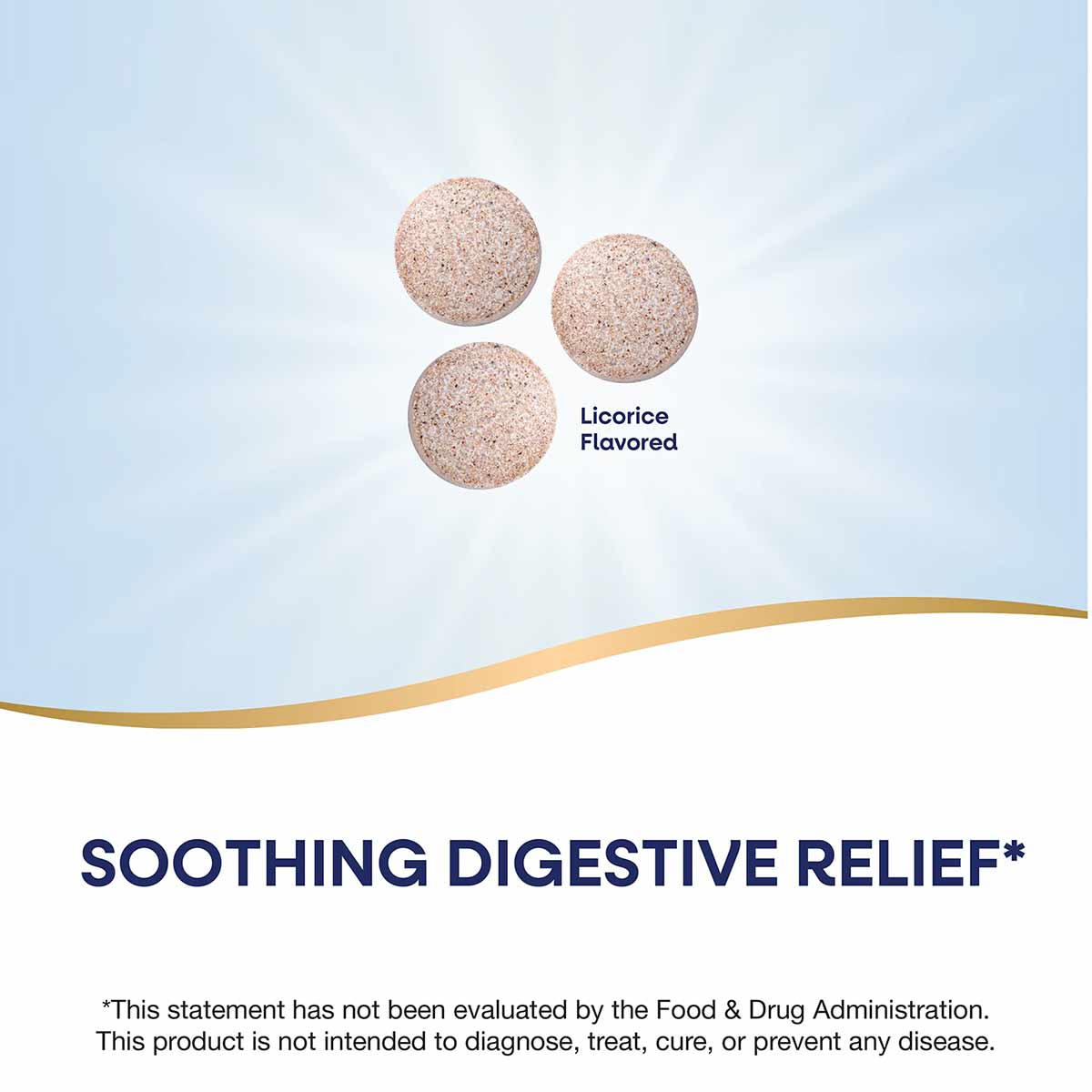 Three tan-colored licorice-flavored lozenges displayed against a light blue background with text reading "Soothing Digestive 