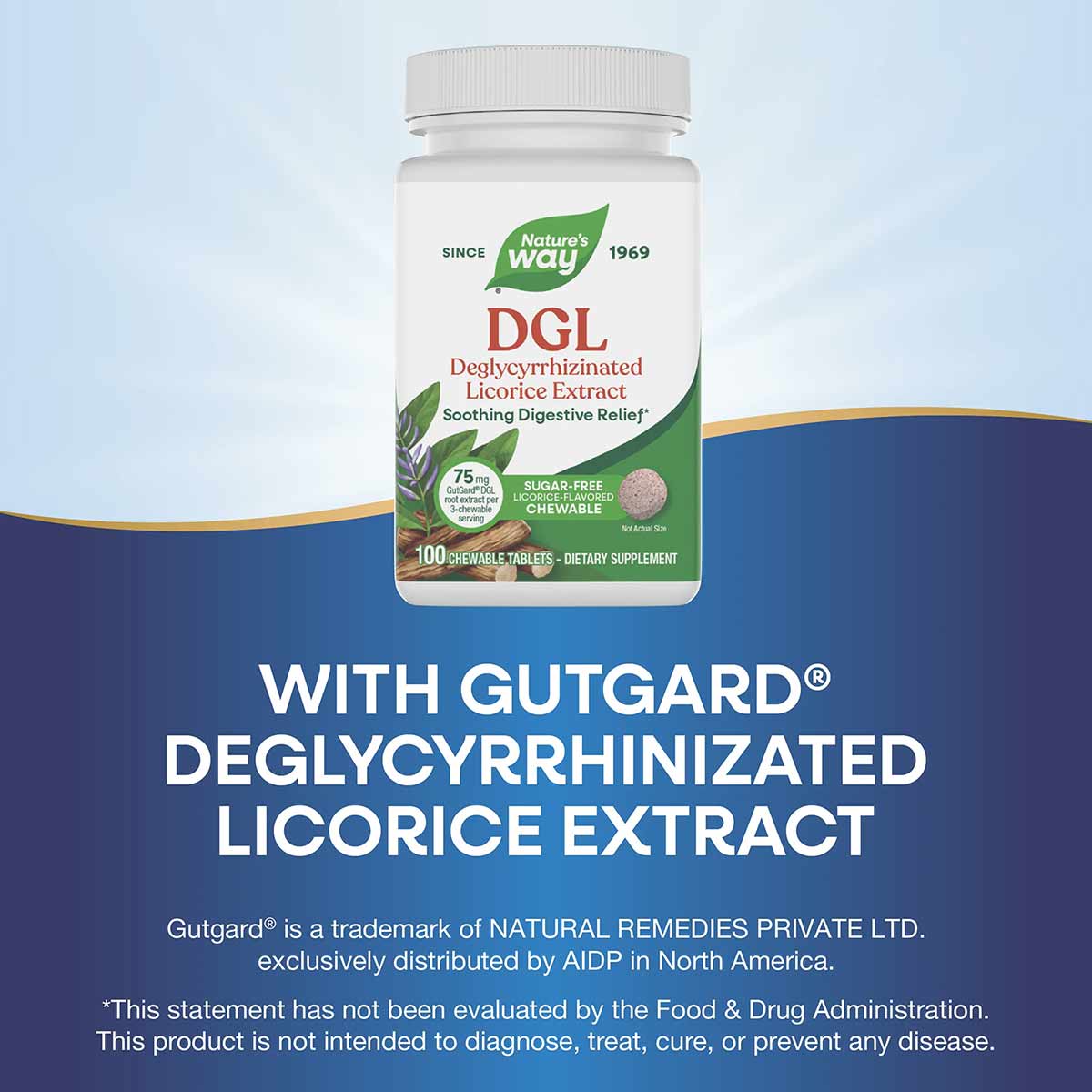 Nature's Way DGL sugar-free licorice extract supplement bottle with 100 chewable tablets.