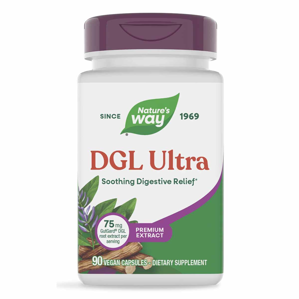 White bottle with purple cap containing Nature's Way DGL Ultra dietary supplement, 90 vegan capsules.