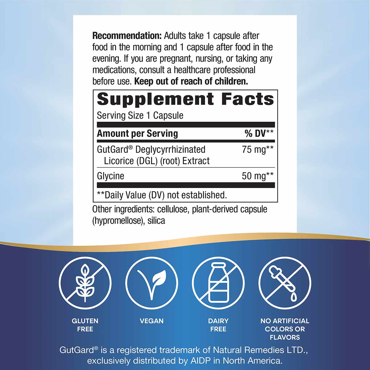 DGL Ultra supplement label showing usage recommendation, supplement facts with deglycyrrhizinated licorice and glycine, and c