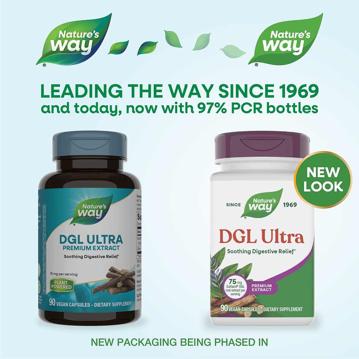 Two bottles of Nature's Way DGL Ultra dietary supplement with vegan capsules, shown in old and new packaging designs.