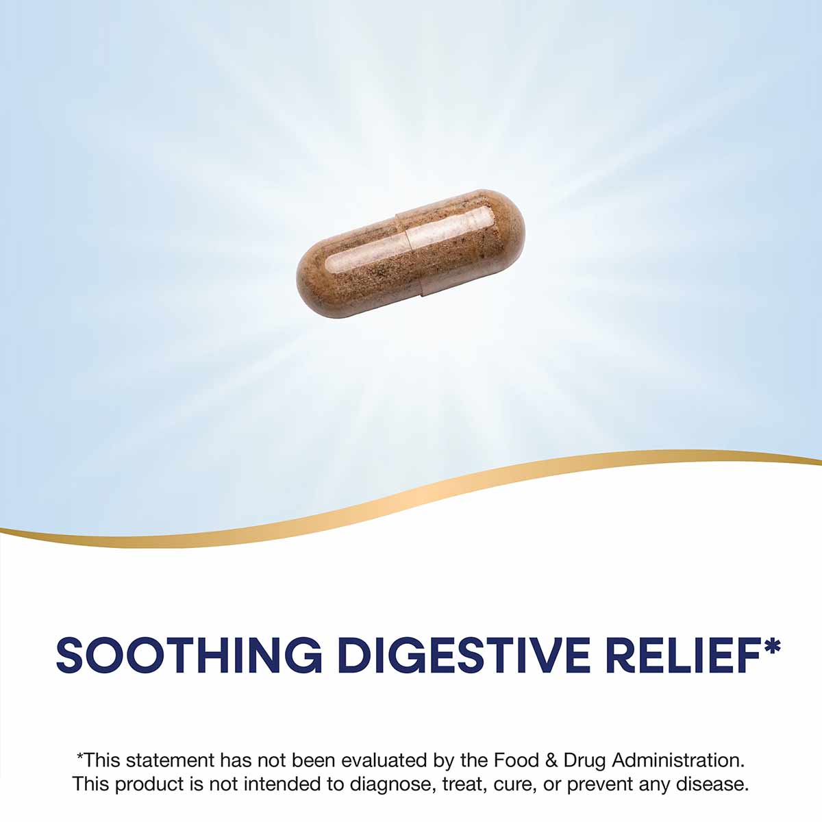 Brown capsule supplement against light blue and white background.