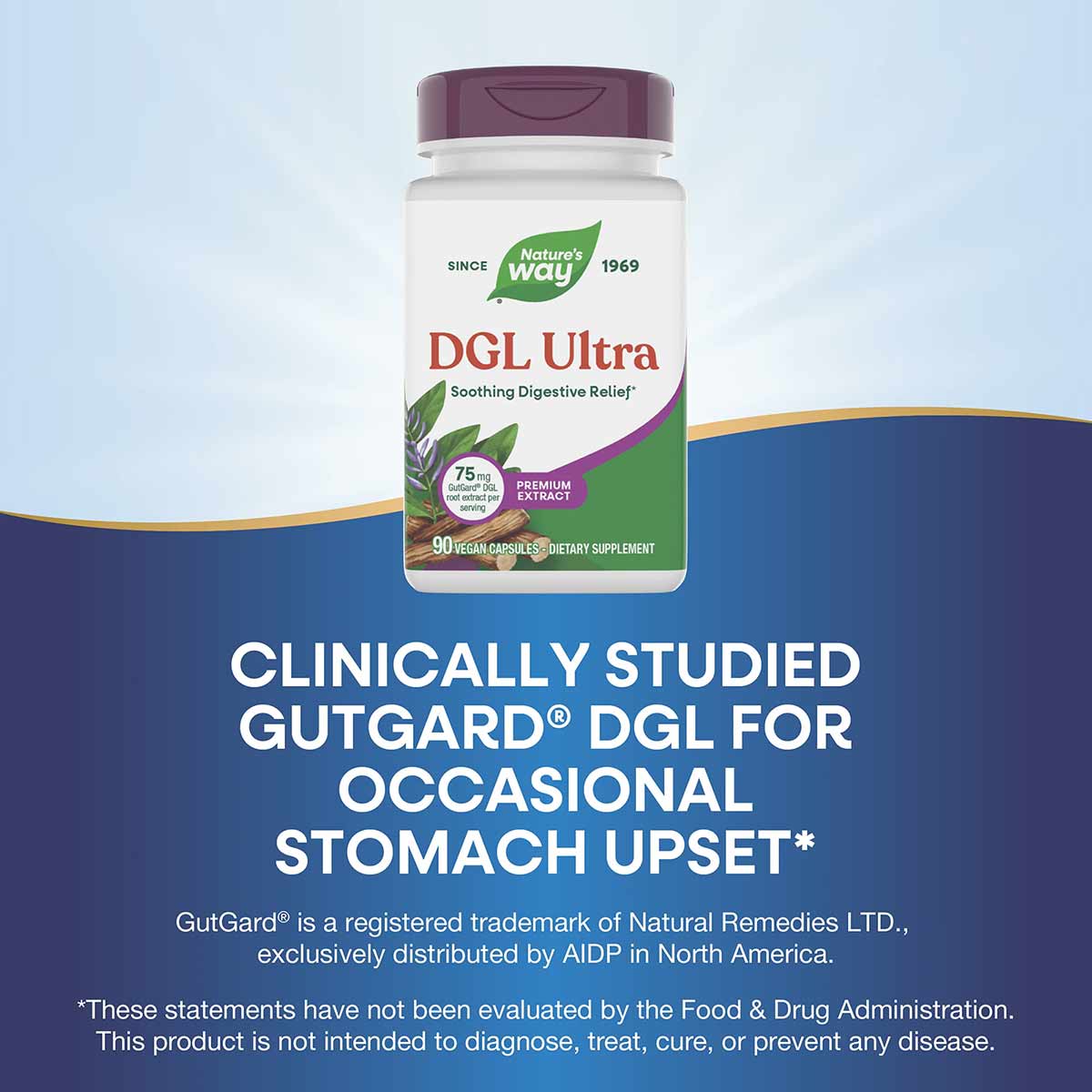 Nature's Way DGL Ultra bottle with purple cap containing 90 vegan capsules of digestive supplement.