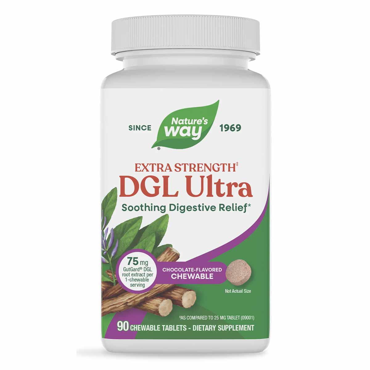 Nature's Way DGL Ultra Extra Strength chocolate-flavored chewable tablets bottle with white cap and green label.