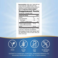 Supplement facts label for DGL Ultra chocolate chewable tablets showing usage instructions, nutritional information, and cert