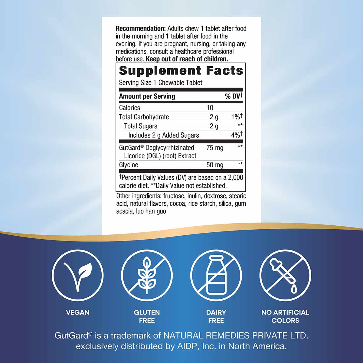 Supplement facts label for DGL Ultra chocolate chewable tablets showing usage instructions, nutritional information, and cert