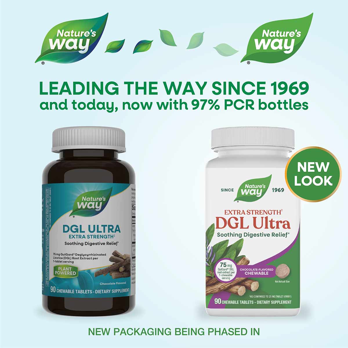 Nature's Way DGL Ultra dark and white bottles with white caps, containing 90 chewable tablets in chocolate flavor.