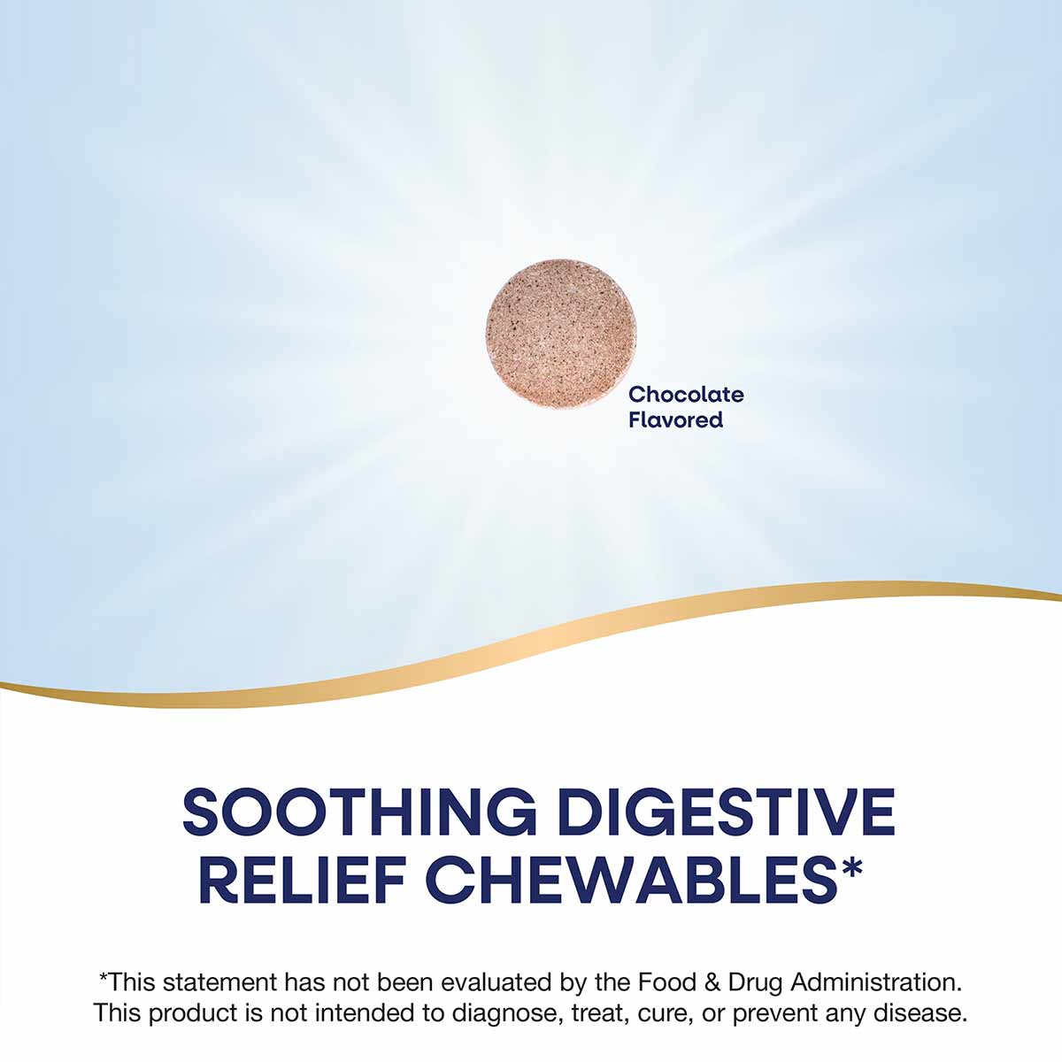 Brown round chewable tablet labeled "Chocolate Flavored" for digestive relief.