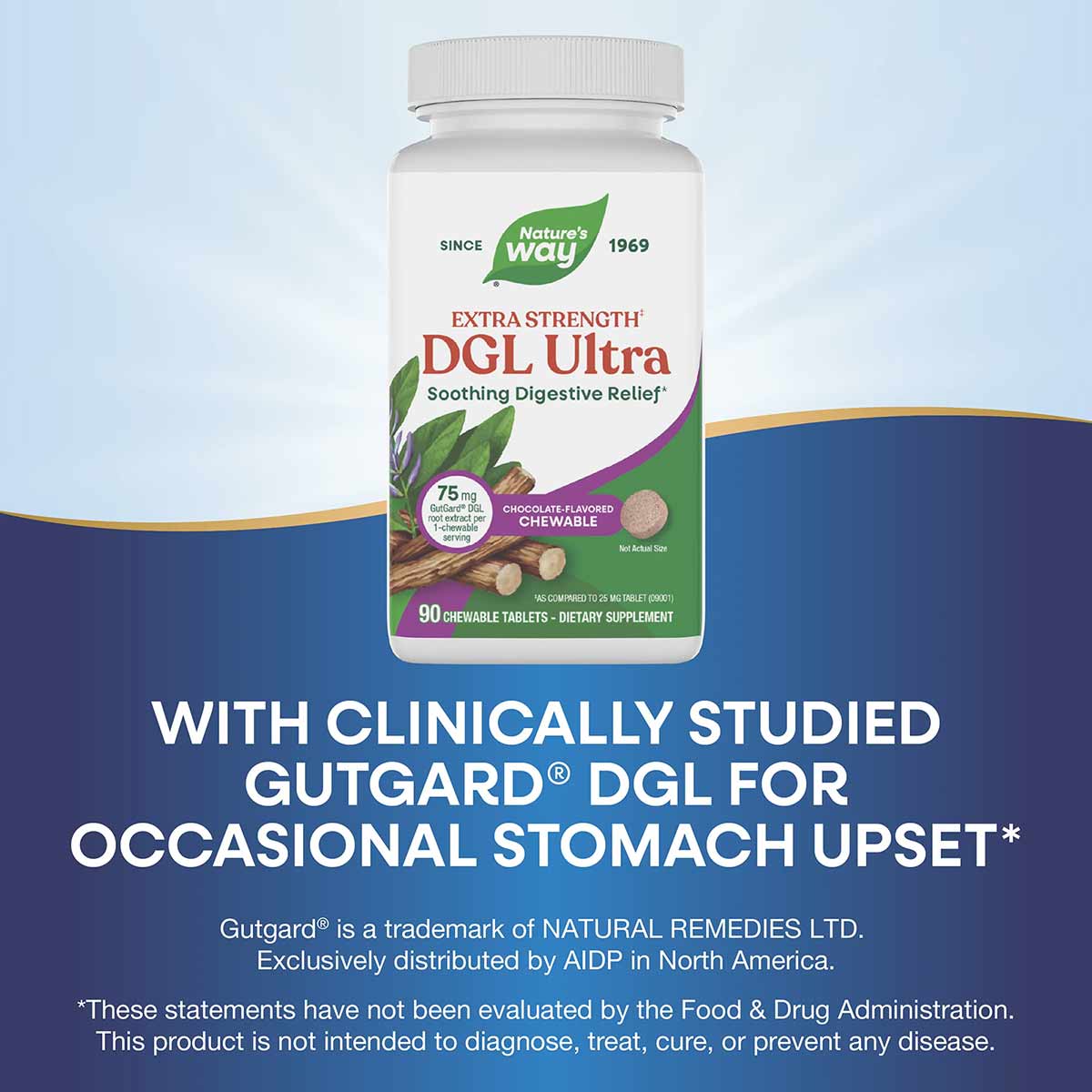 White bottle of Nature's Way DGL Ultra Extra Strength chocolate-flavored chewable tablets for digestive relief, containing 90