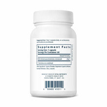 White plastic bottle containing 60 capsules with white screw-top cap and label displaying supplement facts.