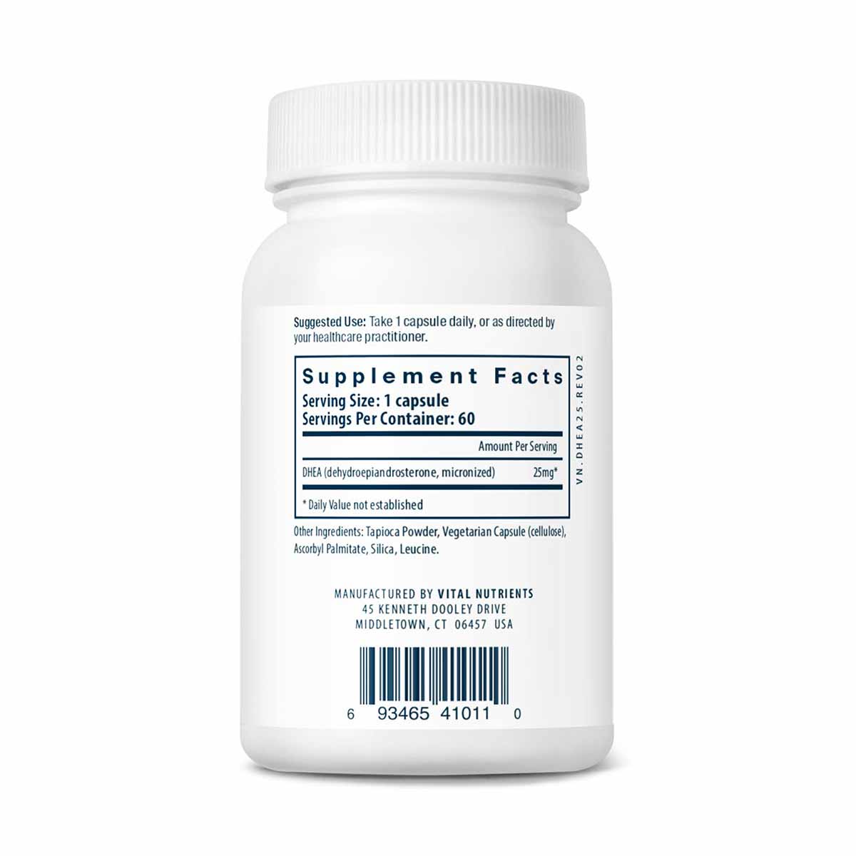 White plastic bottle containing 60 capsules with white screw-top cap and label displaying supplement facts.