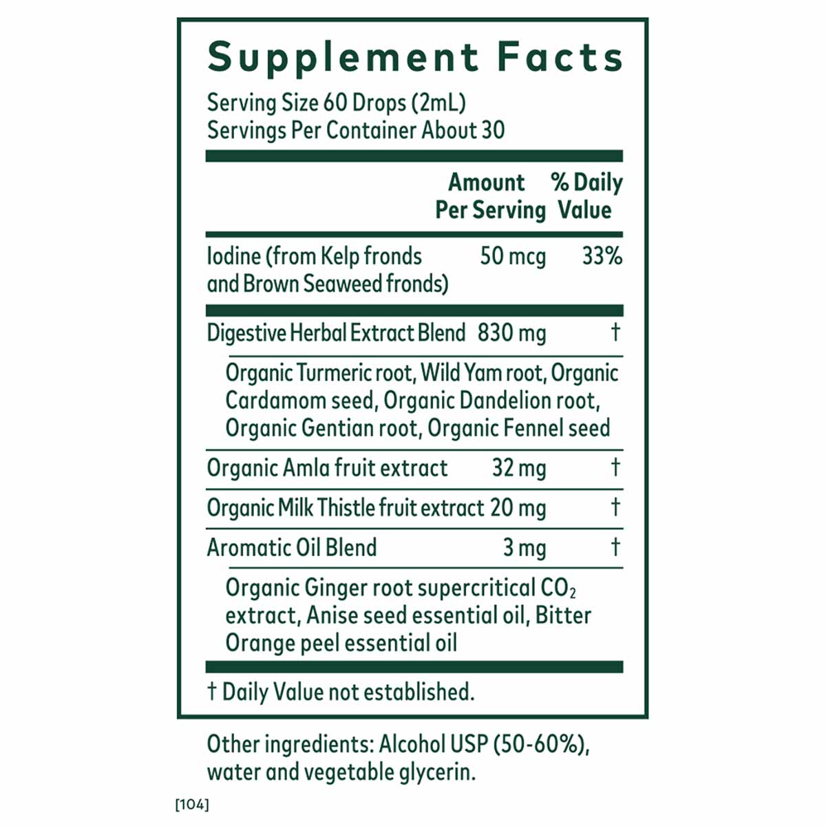 Supplement Facts label for Digestive Bitters with Turmeric showing serving size, ingredients including turmeric root and herb