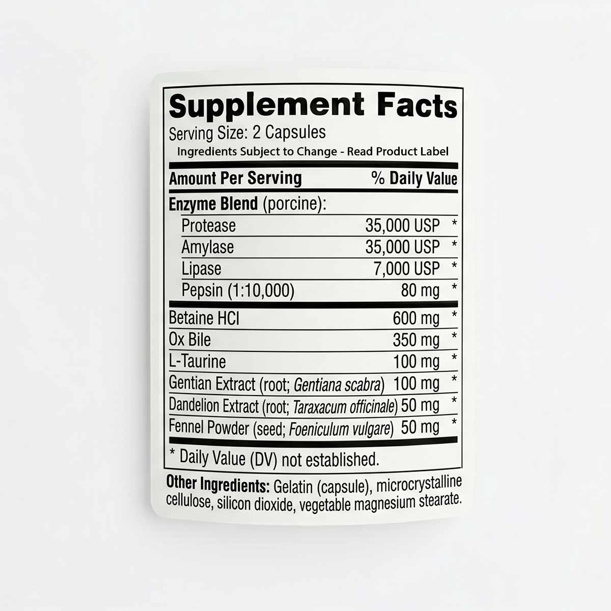 Supplement Facts label for Digestive Complete capsules listing enzyme blend, betaine HCl, ox bile, and herbal extracts.