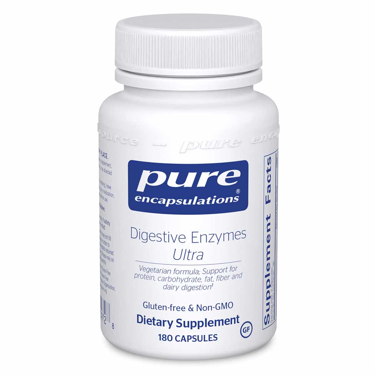 White bottle with white cap containing Pure Encapsulations Digestive Enzymes Ultra dietary supplement, 180 capsules.