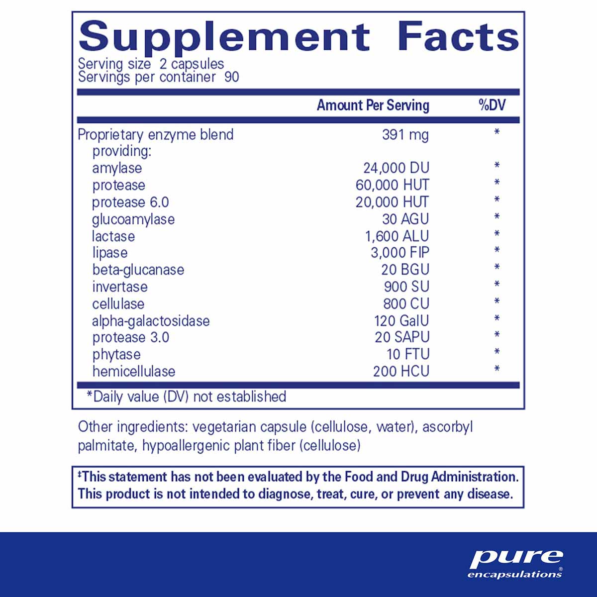Supplement Facts label for Digestive Enzymes Ultra showing proprietary enzyme blend with serving size of 2 capsules and 90 se