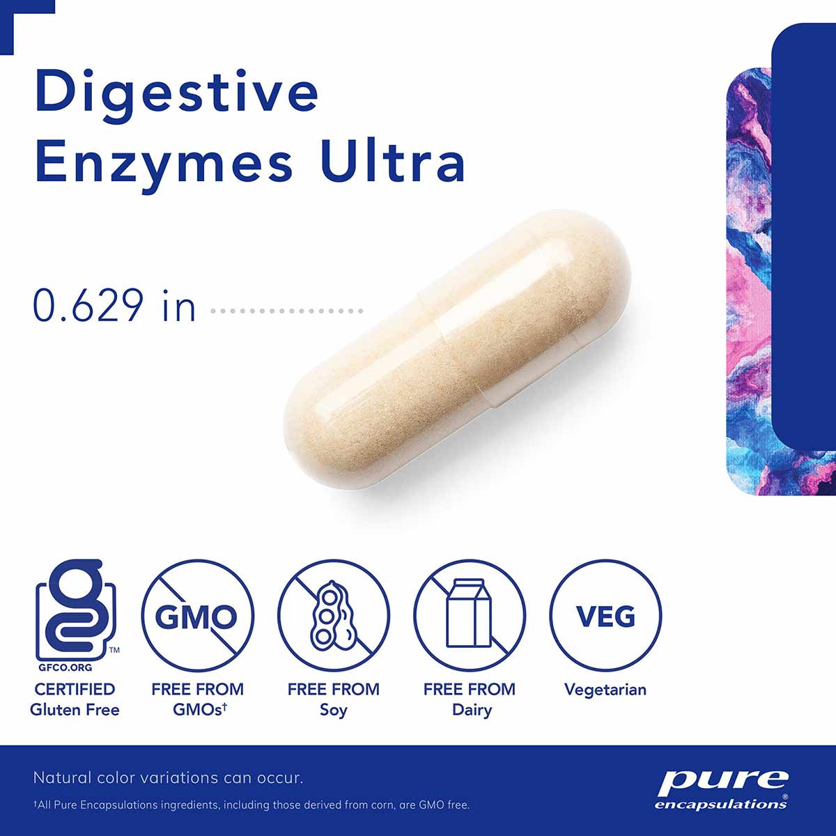 Digestive Enzymes Ultra capsule with product certifications including gluten-free, GMO-free, soy-free, dairy-free, and vegeta