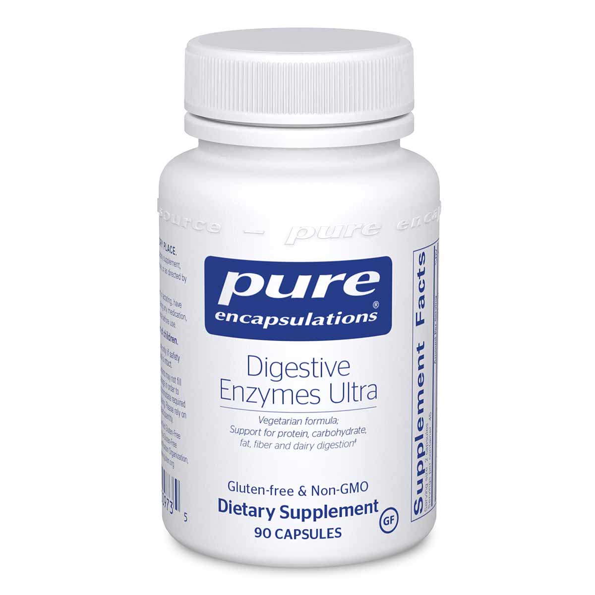White bottle of Pure Encapsulations Digestive Enzymes Ultra dietary supplement with white screw-top cap, containing 90 capsul