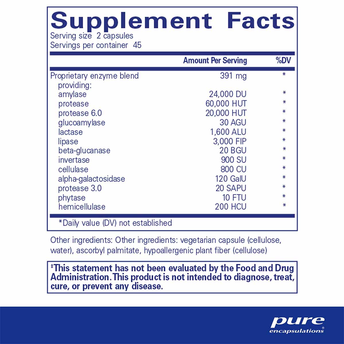 Supplement Facts label for Digestive Enzymes Ultra showing serving size, proprietary enzyme blend ingredients, and FDA discla