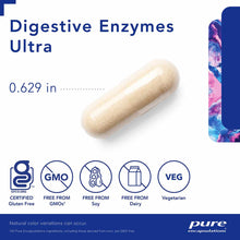 Beige capsule supplement labeled Digestive Enzymes Ultra with certification badges for gluten-free, GMO-free, soy-free, dairy