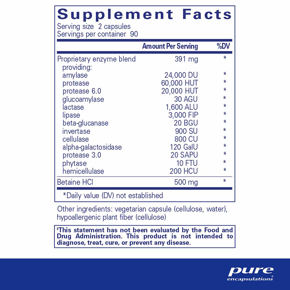 Supplement Facts label for Digestive Enzymes Ultra showing serving size, enzyme blend ingredients, and Betaine HCl dosage.