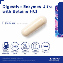 Cream-colored capsule labeled Digestive Enzymes Ultra with Betaine HCl, measuring 0.866 inches, with certification badges for