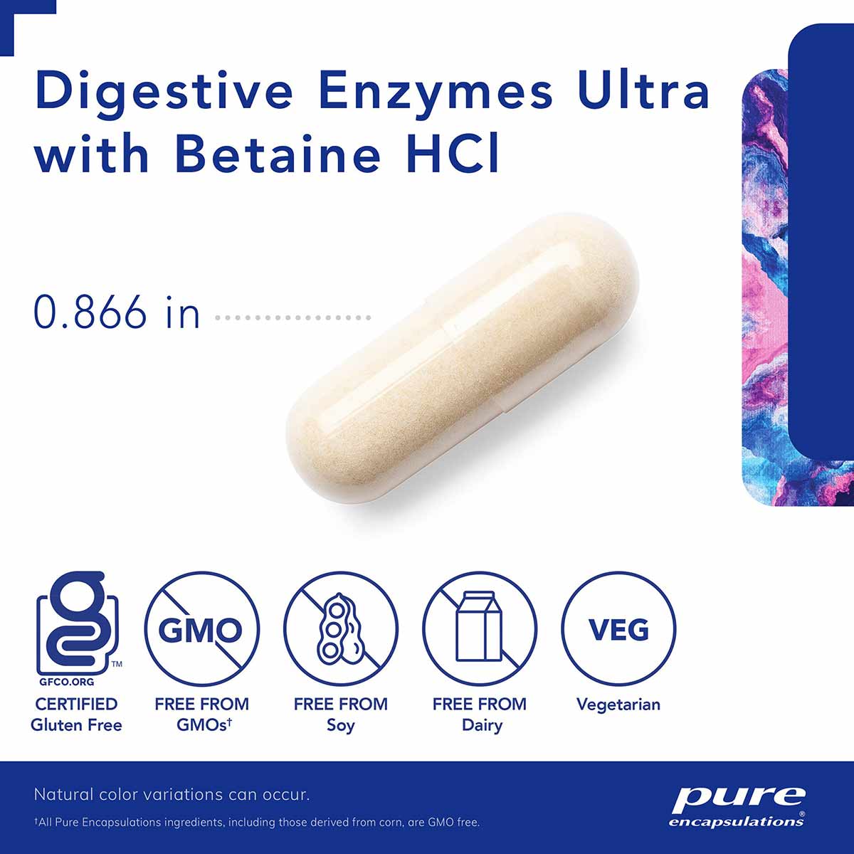 Cream-colored capsule labeled Digestive Enzymes Ultra with Betaine HCl, measuring 0.866 inches, with certification badges for