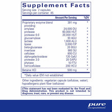 Supplement Facts label for Digestive Enzymes Ultra showing enzyme blend ingredients, Betaine HCl, serving size, and FDA discl