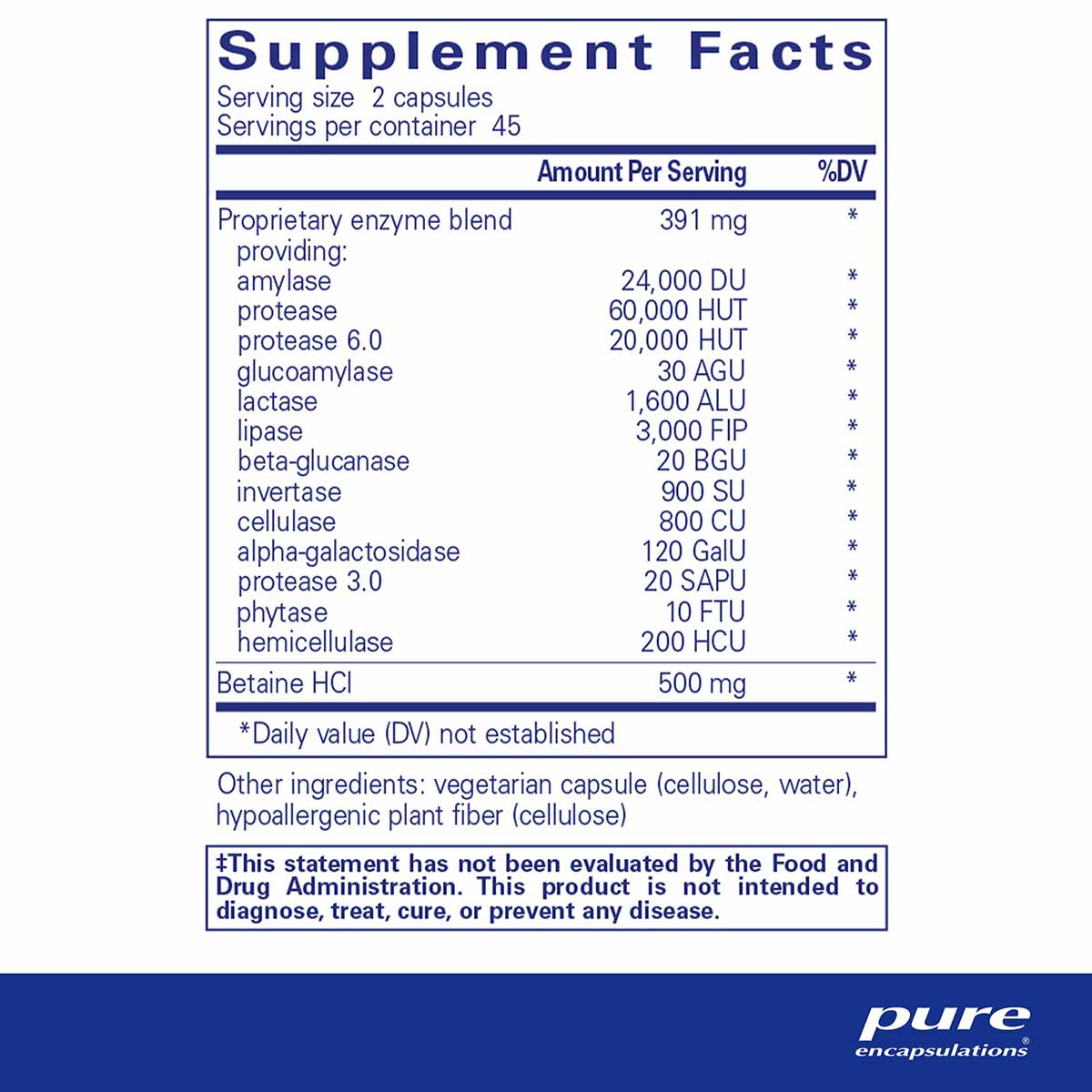 Supplement Facts label for Digestive Enzymes Ultra showing enzyme blend ingredients, Betaine HCl, serving size, and FDA discl