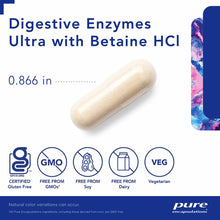 Cream-colored capsule pill labeled Digestive Enzymes Ultra with Betaine HCl, 0.866 inches, with certification badges for glut