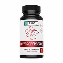 Zhou Nutrition Dihydroberberine Max Strength dietary supplement bottle with black cap and white label featuring red berry des