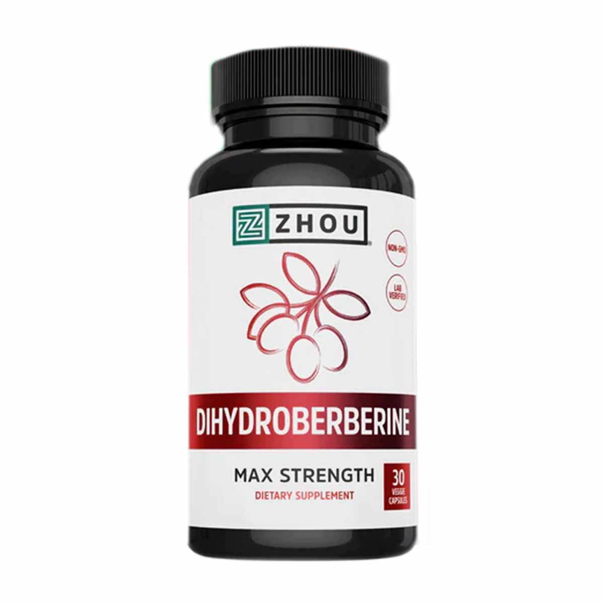 Zhou Nutrition Dihydroberberine Max Strength dietary supplement bottle with black cap and white label featuring red berry des
