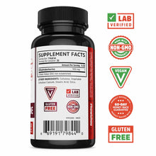 Black supplement bottle labeled Dihydroberberine 100mg with supplement facts, vegan and gluten-free badges, lab verified seal