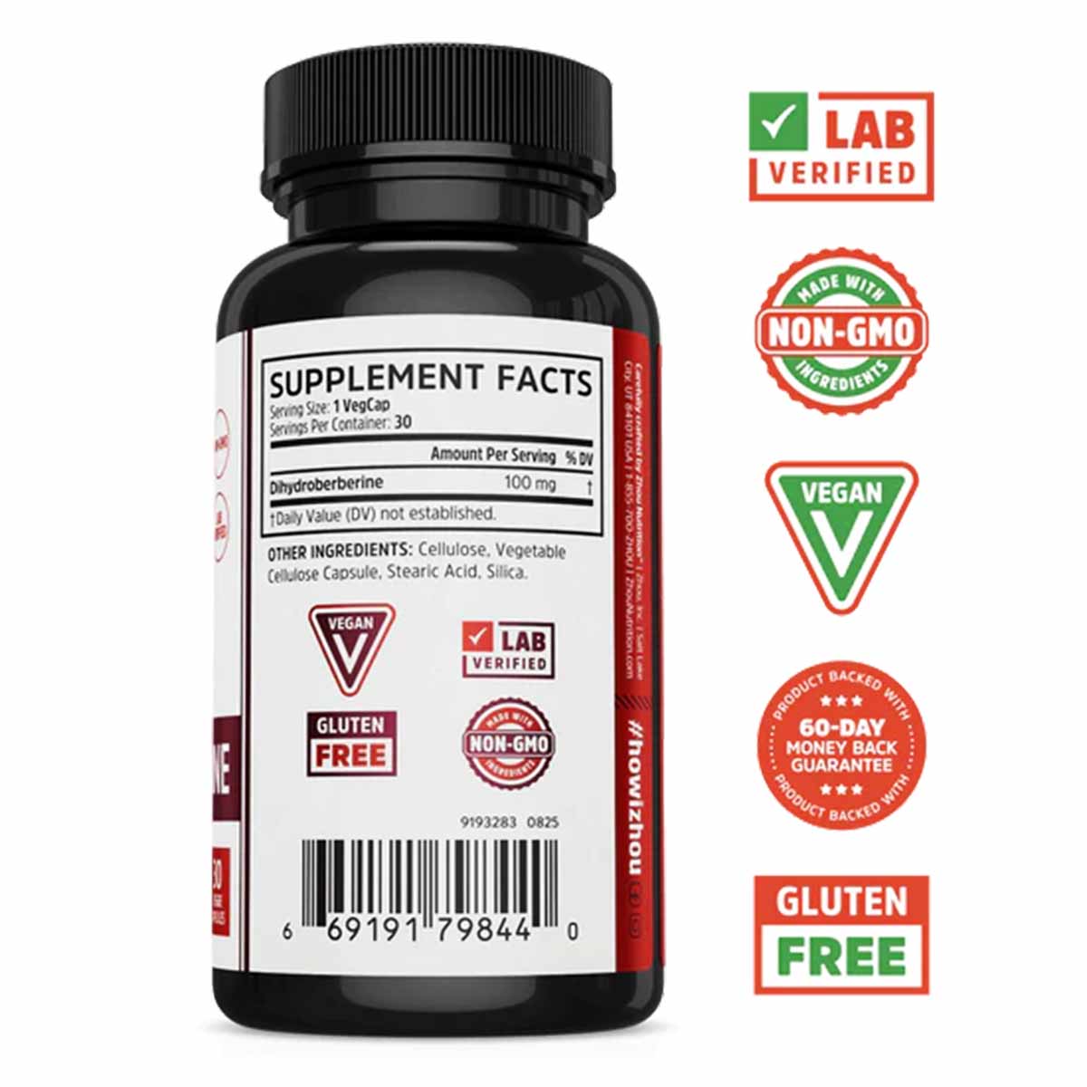 Black supplement bottle labeled Dihydroberberine 100mg with supplement facts, vegan and gluten-free badges, lab verified seal