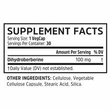 Supplement facts label for Dihydroberberine capsules showing 100 mg per serving, 30 servings per container, with cellulose an