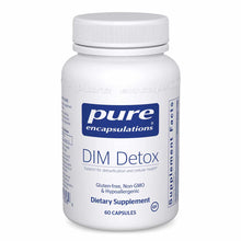 White bottle with white screw-top cap labeled "Pure Encapsulations DIM Detox, 60 Capsules" dietary supplement.