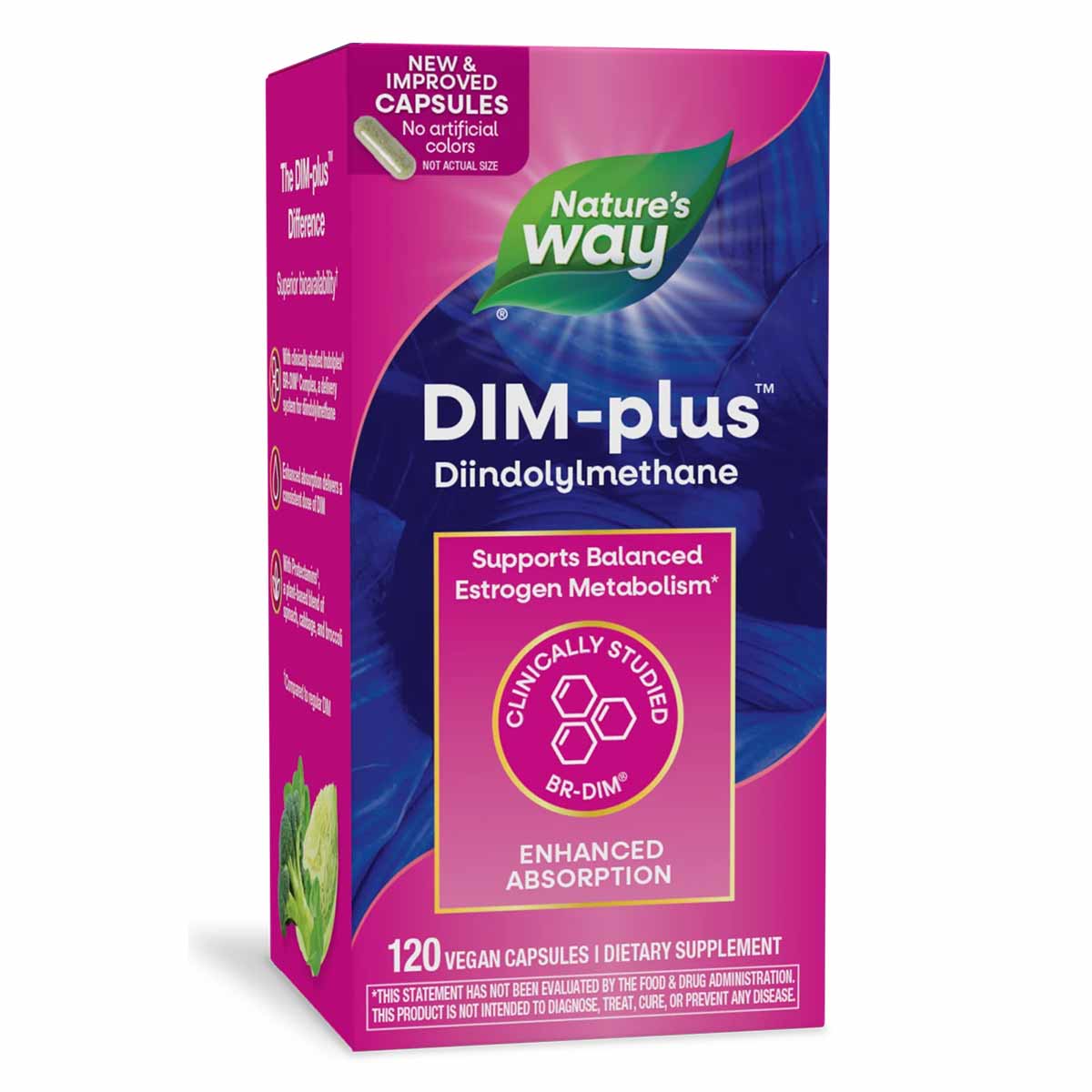 Nature's Way DIM-plus supplement bottle with magenta and blue packaging containing 120 vegan capsules.