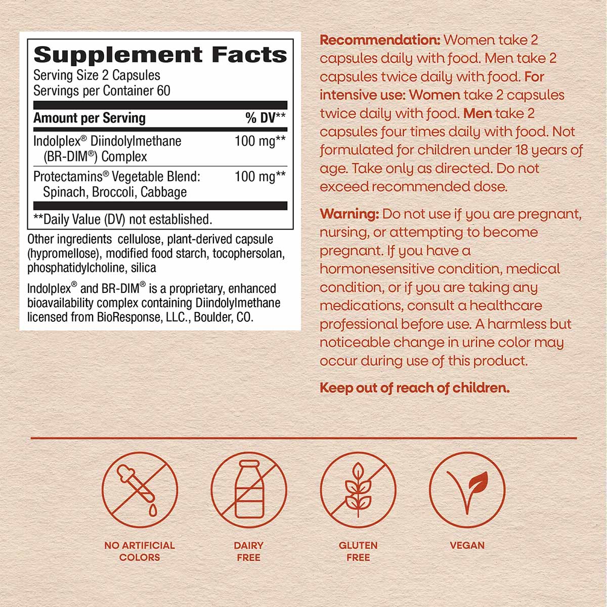 Supplement Facts label for DIM-Plus with usage recommendations, warnings, and icons indicating no artificial colors, dairy fr