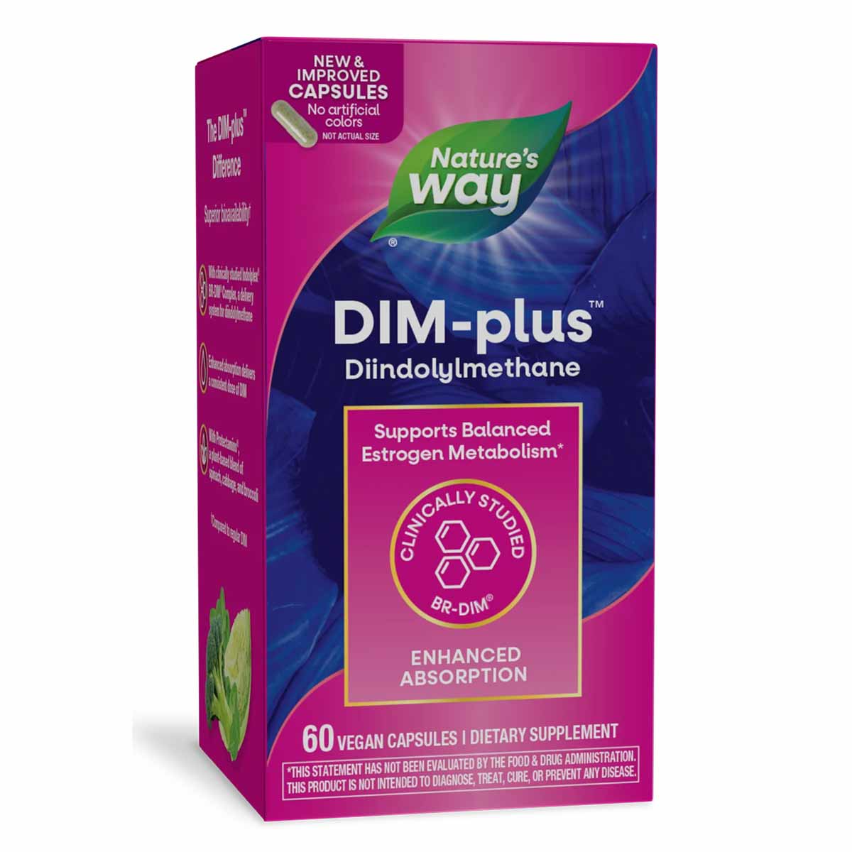 Nature's Way DIM-plus supplement bottle with magenta and blue packaging, 60 vegan capsules, featuring leaf logo.