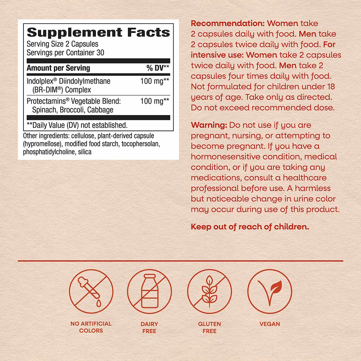 Supplement Facts label for DIM-Plus showing serving size, active ingredients, and usage recommendations with dietary attribut