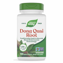 White bottle with green cap containing 100 vegan capsules of Dong Quai Root by Nature's Way dietary supplement.