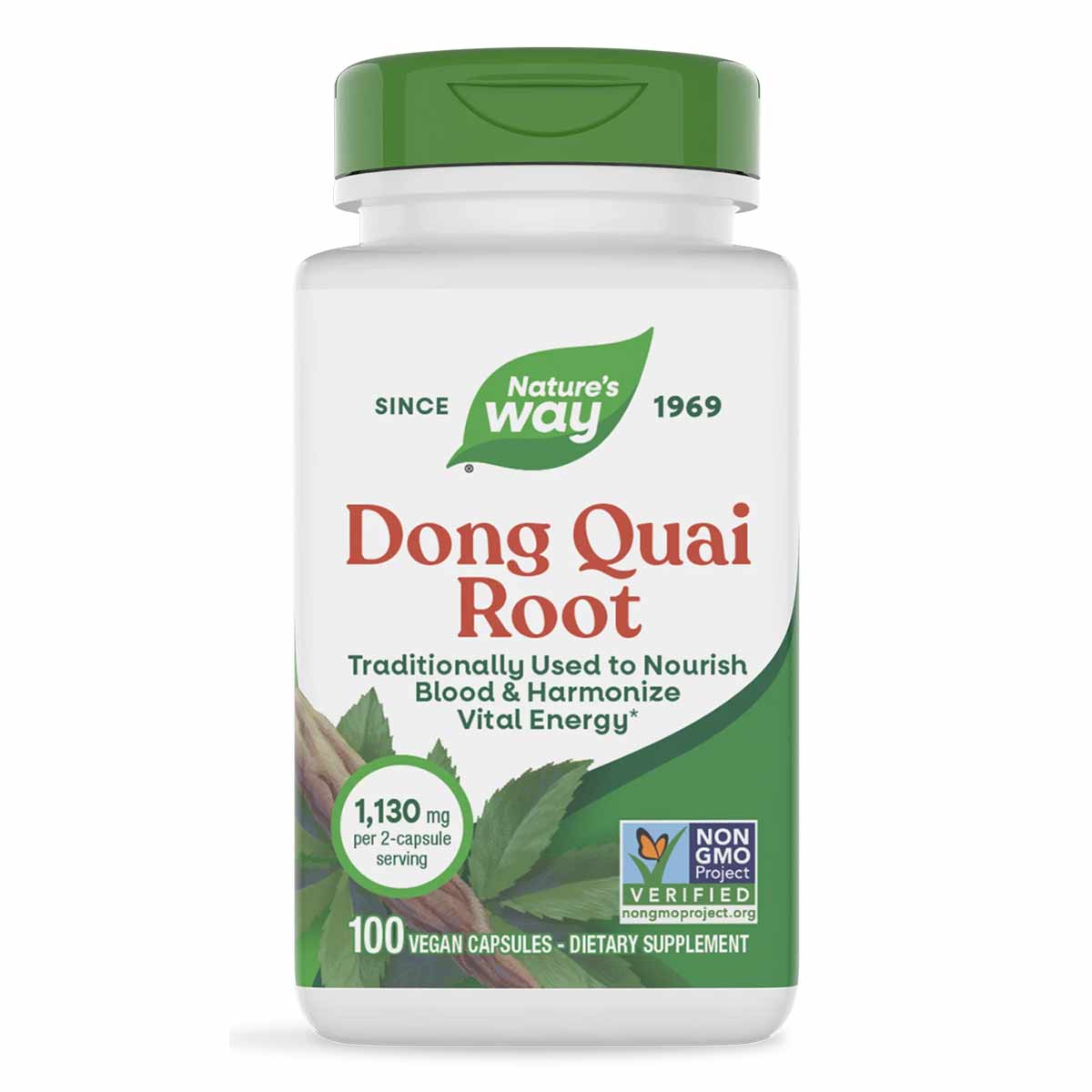 White bottle with green cap containing 100 vegan capsules of Dong Quai Root by Nature's Way dietary supplement.