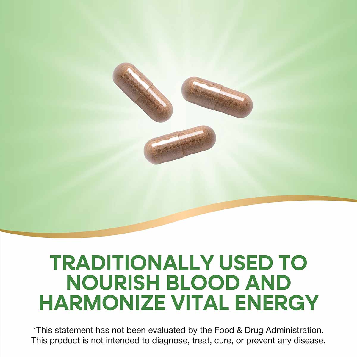Three brown herbal supplement capsules on a green and white background.