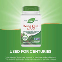 Nature's Way Dong Quai Root supplement bottle with green cap, 100 vegan capsules, 1,130 mg per serving.