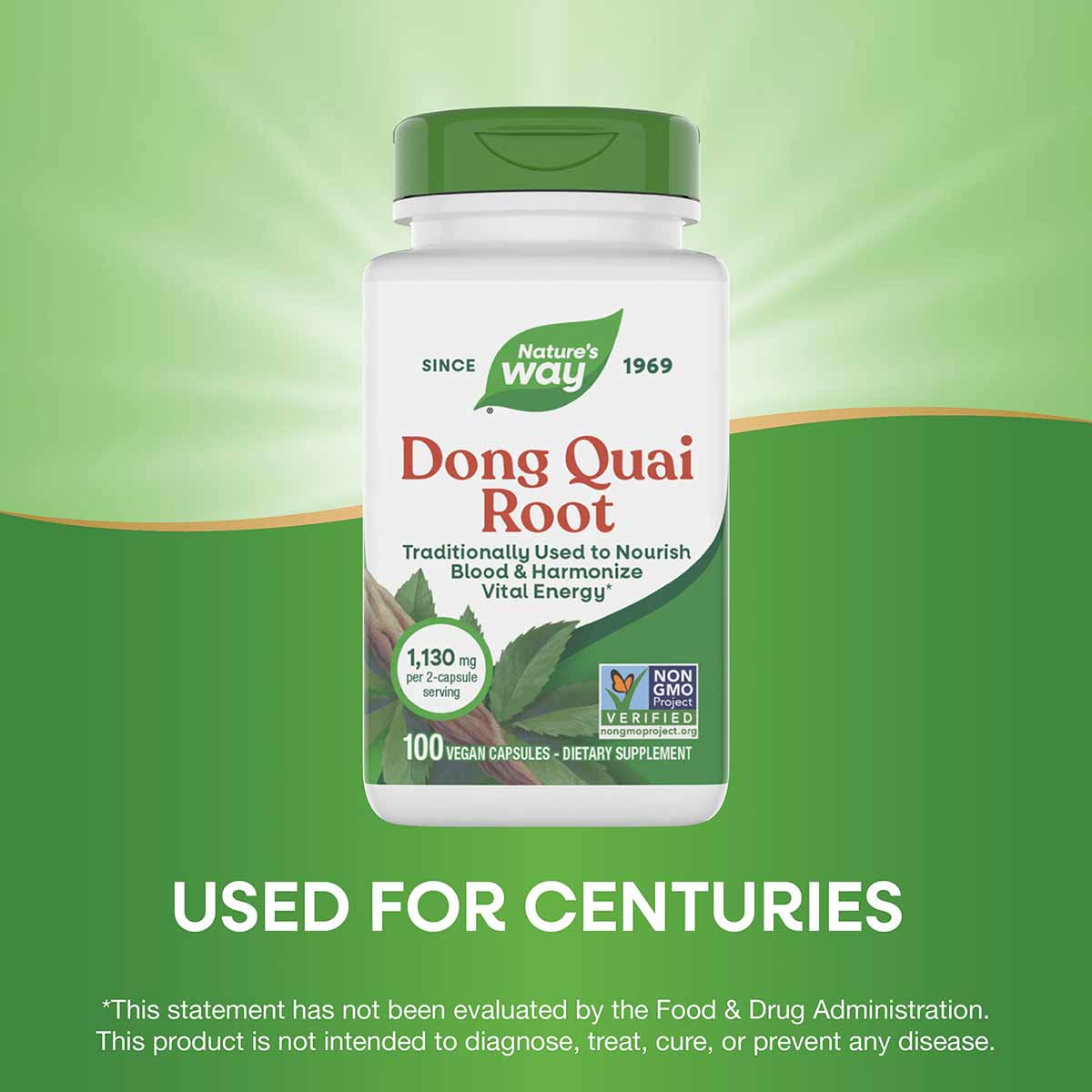 Nature's Way Dong Quai Root supplement bottle with green cap, 100 vegan capsules, 1,130 mg per serving.