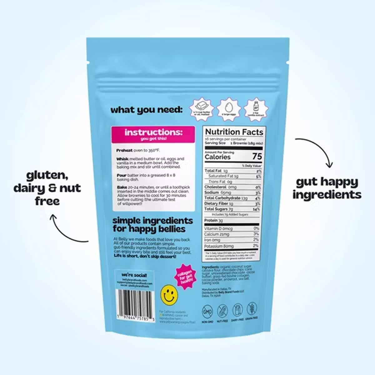 Back of a light blue brownie mix pouch showing baking instructions, a Nutrition Facts panel, and callouts for gluten, dairy and nut free.