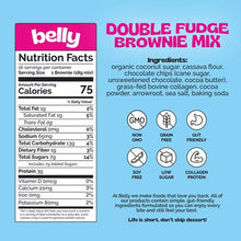 Nutrition facts label and ingredient list for Belly Double Fudge Brownie Mix, with icons for non-GMO, grain free, and low sugar.