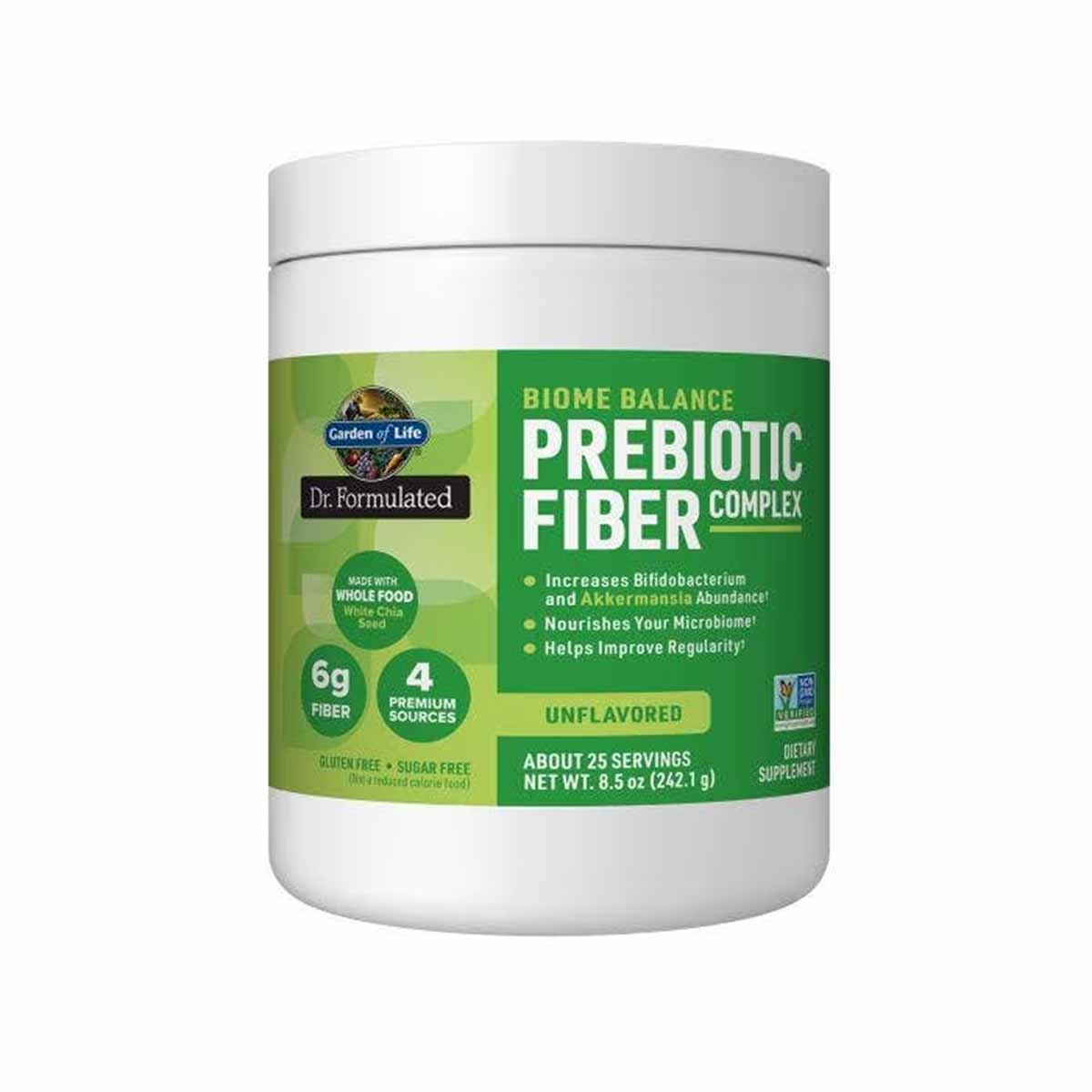 A white tub with a green label reads Biome Balance Prebiotic Fiber Complex, unflavored, with 6g fiber and 25 servings.