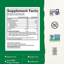 A Supplement Facts panel on a green background lists nutrition details beside gluten free, no sugar, Non-GMO Project, and B Corp certification badges.