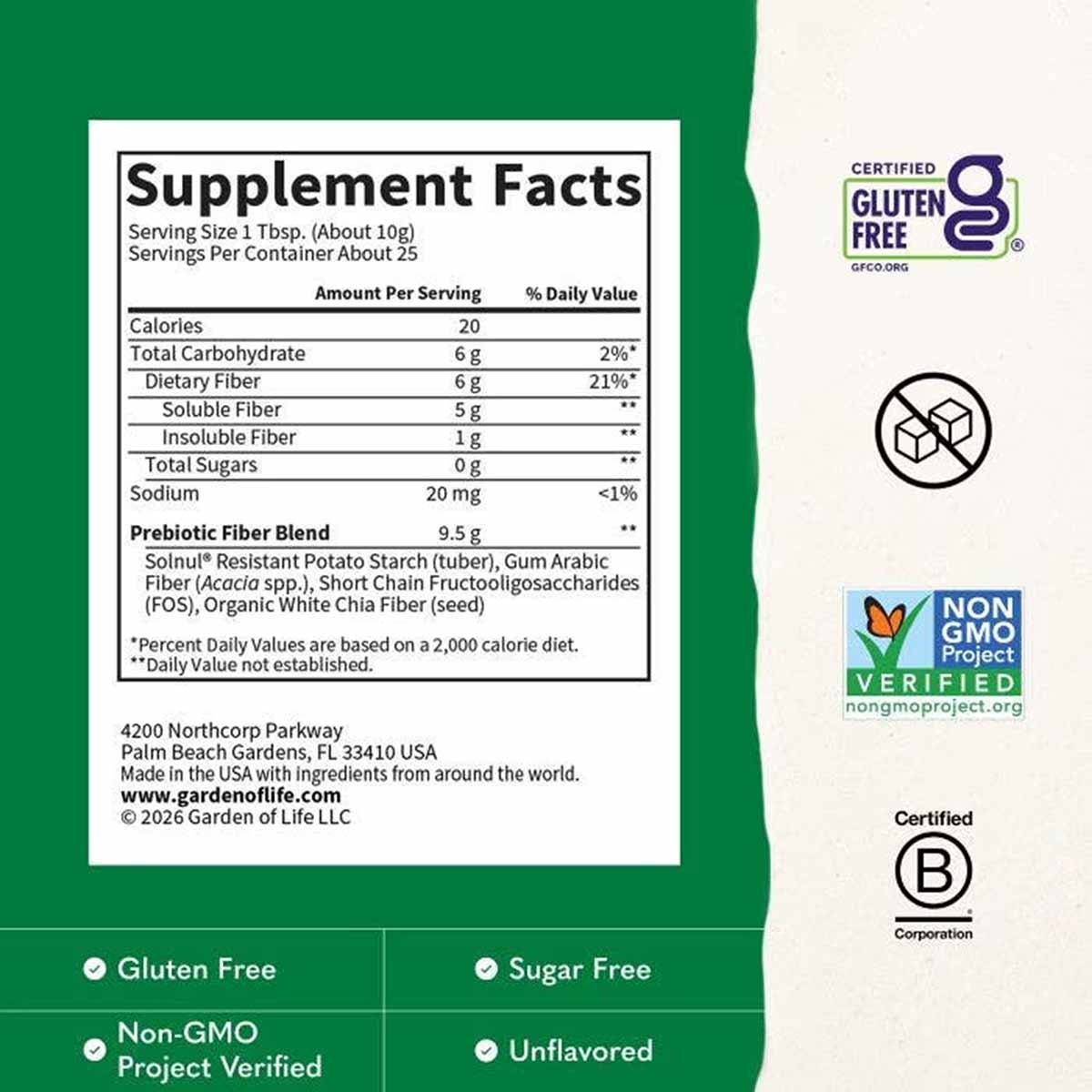 A Supplement Facts panel on a green background lists nutrition details beside gluten free, no sugar, Non-GMO Project, and B Corp certification badges.