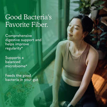 A woman in a tan athletic top sits with closed eyes beside a sunlit window, next to green text about digestive support.